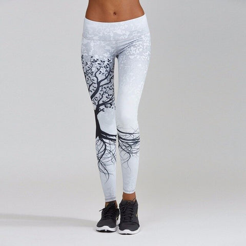 White Tree Print Sports Yoga Pants